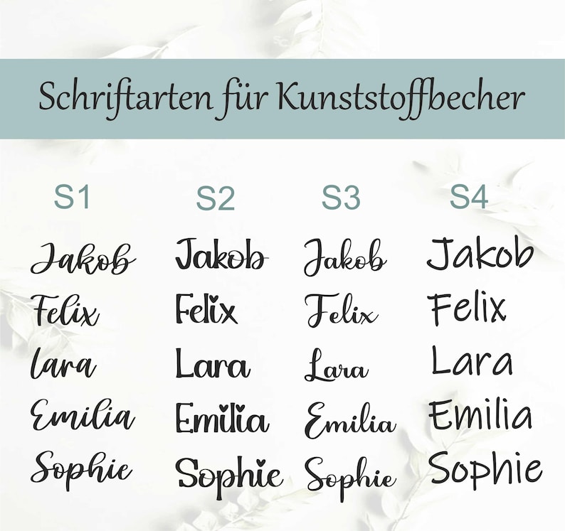 May include: Image showcasing four font styles labeled S1 through S4. Each style displays the names Jakob, Felix, Lara, Emilia, and Sophie. The text "Schriftarten f&uuml;r Kunststoffbecher" is at the top.