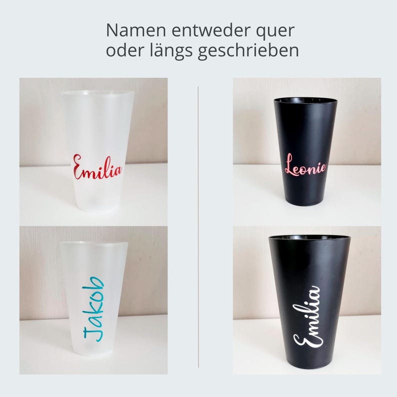 May include: Four tall plastic cups, two white and two black, each with a name printed on them. The white cups have the names "Emilia" and "Jakob" in red and teal, respectively. The black cups have the names "Leonie" and "Emilia" in pink and white.