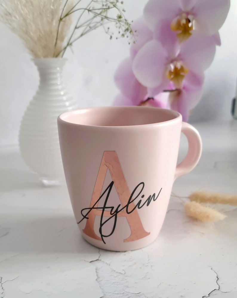 Stoneware ceramic mug with name and monogram vinyl foil personalized gift for girlfriend Mother's Day gift Birthday rosa