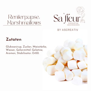 May include: A pile of white, cylindrical marshmallows next to text that reads Renierpupse: Marshmallows, Sa'fleur, EINZIGARTIGE GESCHENKIDEEN, BY ASCREATIV, and a list of ingredients starting with Zutaten: Glukosesirup, Zucker, Maisst&auml;rke, Wasser, Geliermittel: Gelatine, Aromen, Stabilisator: E450.
