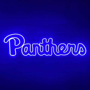 May include: White neon sign with the word "Panthers" in a blue background.