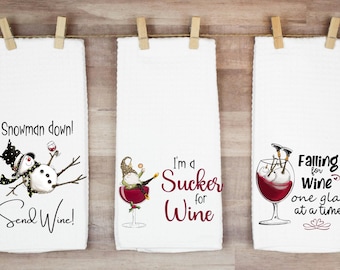 Snowman wine kitchen towel bundle, funny wine towel, pun towel, hostess gift, wine lover gift, wine themed gift, tea towel wine cocktails