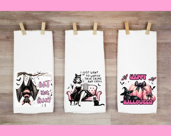 Pink Halloween kitchen towel decor, funny kitchen towel, kitchen toweldecoration kitchen towel, kitchen dishtowel, Pink Halloween hand towel