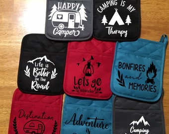 Funny camping pocket potholder, oven mitt, camper gift, travel gift, personalized kitchen decor, birthday,  teacher gift, retirement ft