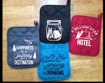 Camping  potholder, funny pocket potholder, barbecue gift, gift for the camper, dad gift, teacher gift, kitchen decor, thank you gift