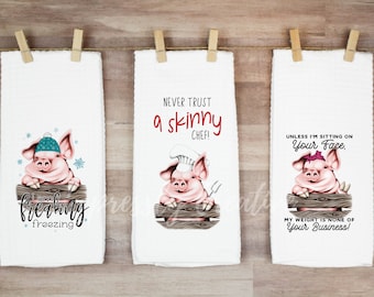 Funny pig kitchen towel bundle, funny dish towel, freakin freezing, hostess gift, gift for her,  gift for him, shower gift, pig decor gift