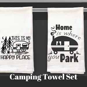 Camping flour sack towel gift set, friend gift, hostess or housewarming gift, gift for campers, kitchen decor, teacher gift, Christmas gift