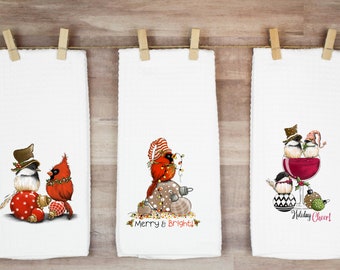 Cardinal Christmas kitchen towel bundle, funny dish towel,  hostess gift, bird lover gift, gift for him, Christmas gift, gift for her