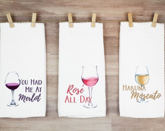 Wine themed kitchen tea towel bundle, funny dish towel, wine puns, hostess gift, gift for mom, wine lover gift, fun towel. farmhouse decor