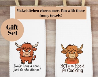 Funny Highland cow kitchen towel, funny tea towel, hostess gift, cow decor, sarcastic dish towel, farmhouse kitchen towel. funny cook gift