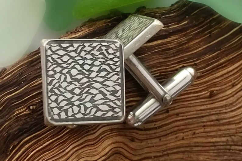 Sterling silver handmade square cufflinks with ripple pattern
