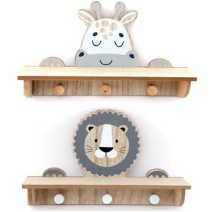 Nursery shelves with pegs / lion shelf with hook / safari shelves with hook / safari nursery shelves with pegs / baby shelf and hooks