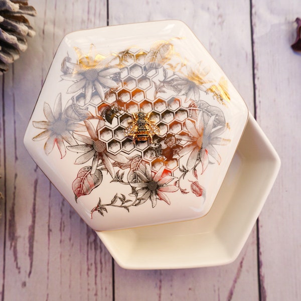 Golden Bees Ceramic Trinket Box / gift for mum / bee china pot / bee jewellery box / Hexagon Gold Bee Hive  / vintage trinket box