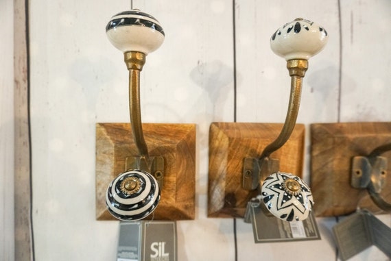 Single Wooden Wall Hooks Black and White vintage Coat Hooks