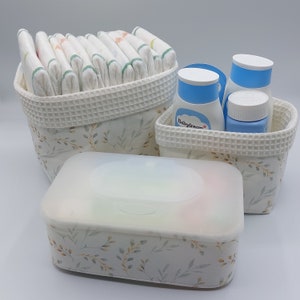 Changing table set ~ willow branches ~ ecru ~ optionally with or without cover wet wipes box ~ cotton/waffle pique