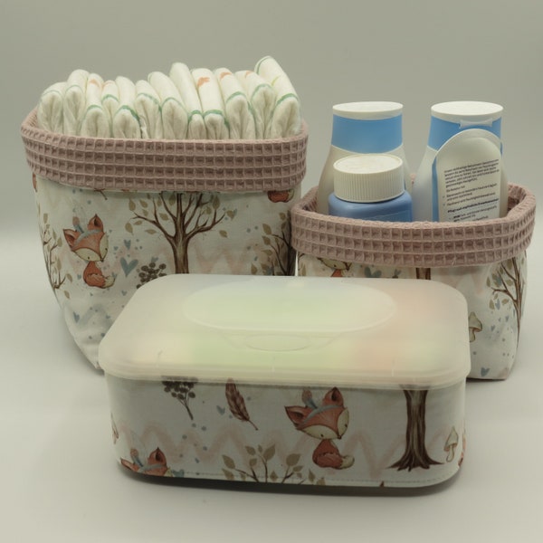 Changing table set ~Forest Friends ~ Fox ~ white/old pink ~ optionally with or without cover wet wipes box ~ cotton/waffle pique