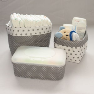 Changing table set ~ stars ~ white/grey ~ optionally with or without a cover for a wet wipes box ~