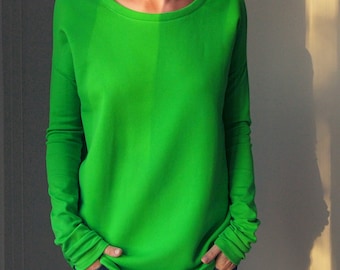 Green Sweatshirt Cosy Wide neckline Thick Sweatshirt Green Sweatshirt Green Sweatshirt Women Oversize Slouchy OffShoulder Polska Shirt