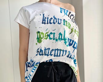 Blue Calligraphy Fullprint T-shirt – Hand-painted, Unique Design, Oversized White Shirt