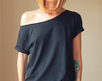 Camiseta extragrande negra S-XXL asimétrica Camiseta escotada sloping Slouchy