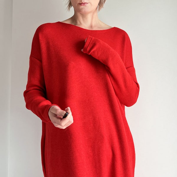 Rotes Oversize-Kleid, lockeres, feminines Pulloverkleid, Oversize-Sweatshirtkleid, rotes Kleid, rotes Umstandskleid