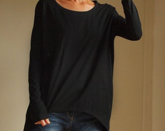Black asymmetric oversize blouse with long sleeves