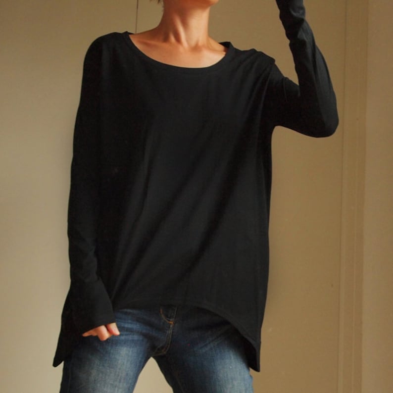 Black asymmetric oversize blouse with long sleeves image 1