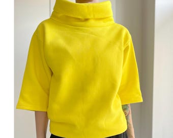 Unique turtleneck sweatshirt with an original cut, yellow, elbow-length sleeves, comfortable and stylish, sweatshirt fabric, tracksuit