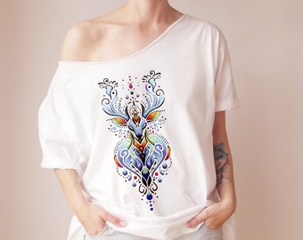 Deer Boho Colorful  Cute Deer Tshirt Slouchy Shirt Off the shoulder  White Painting  Off shoulder   Womens Clothing