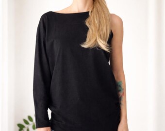 Black Asymmetrical Women’s Top, One Long Sleeve, One Shoulder Sleeveless, Loose Minimal Blouse