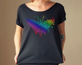 Butterfly Rainbow Tshirt Slouchy Shirt Off the shoulder Black Painting Off shoulder  Womens Clothing