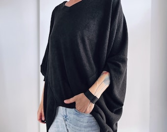 Black Oversize Sweater Asymmetrical Sweater Dress Tunic Sweater Dress Dress Loose Sweater Oversize Handmade
