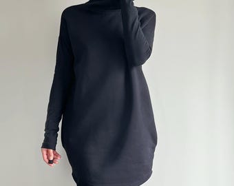 Black oversized sweatshirt dress with turtleneck thick warm cotton blend softf extra long sleeves cozy fall winter dress handmade clothing