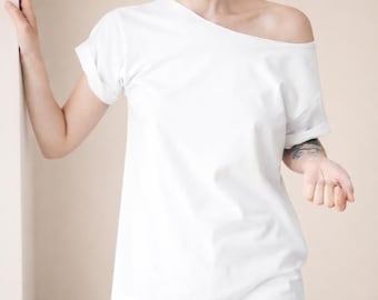 White Oversized Women's T-shirt with Wide Neck Minimalist Cotton T-shirt Personalized T-shirt S–XXL Perfect Gift