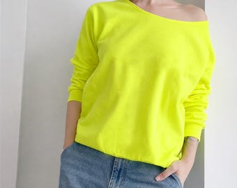 Women’s Fluorescent Yellow Oversize Sweatshirt with Wide Off-Shoulder Neckline Thick Fleece Lined Pullover Sizes S-XXL