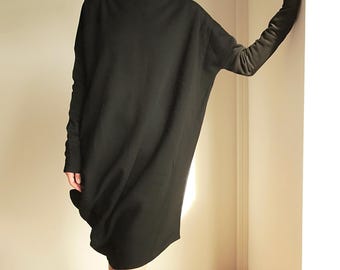Black Asymmetrical Dress with Long Sleeves - Elegant Knitted Dress for Winter - Handmade Black Sweatshirt Dress