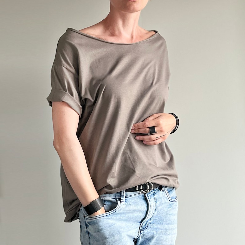 Zwart Oversize S-XXL Asymmetrische Tshirt T-shirt Hellende Hals Slouchy afbeelding 2