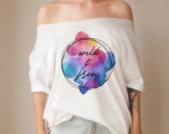 Wild and free Aquarelle Tshirt Slouchy Shirt Off the shoulder  White Painting  Off shoulder   Womens Clothing