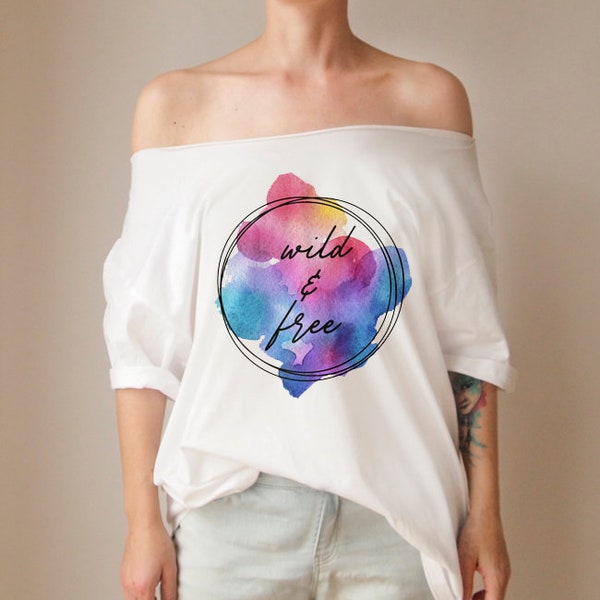 Wildes und kostenloses Aquarelle T-Shirt Slouchy Shirt von der Schulter Weiße Malerei Schulterfrei Frauenkleidung