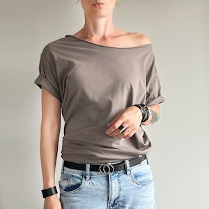 Warm Gray Oversize S-XL Tshirt T-shirt Sloping Neckline Slouchy Offshoulder