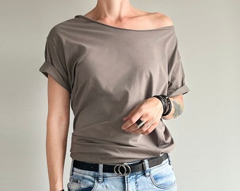 Warm Gray Oversize S-XL Tshirt T-shirt Sloping Neckline Slouchy Offshoulder