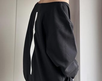 Black thick sweatshirt with black print Line art Black print Thick black sweatshirt Warm sweatshirt with print Offshoulder Sweater Oversize