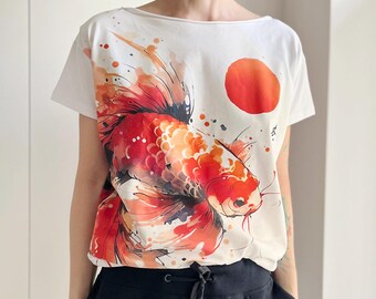 Orange Koi Fullprint White Oversize T-shirt – Hand-painted, Unique Design