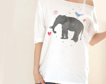 T-SHIRT ELEPHANT WATERCOLORS Funny Tshirt Slouchy Shirt Off the shoulder Slouchy tshirt Offshoulder Funny Oversized Wide neck Tee comfy Gift