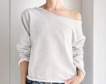 Grey oversized sweatshirt no cuffs raw edges soft fleece cotton handmade loose top wide neckline made to order