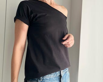 Black oversized handmade t-shirt with wide neckline S-XXL soft cotton loose women’s top