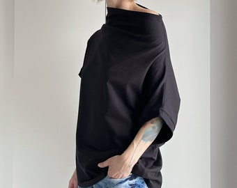 Black Blouse with Collar and Original Cut, Oversized Cotton Women’s Top, Elegant and Comfortable for Everyday Wear