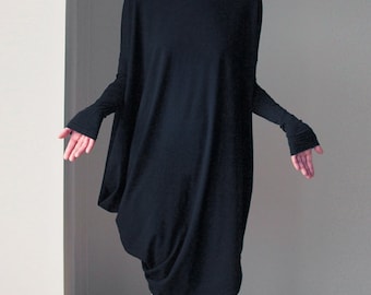 Black Cotton Oversized Maxi Dress with Asymmetrical Hem and Long Sleeves