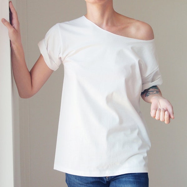 Off The Shoulder Slouchy T Shirts, Crinked soft knit Bare Shoulder Tees, available in a variety of colours