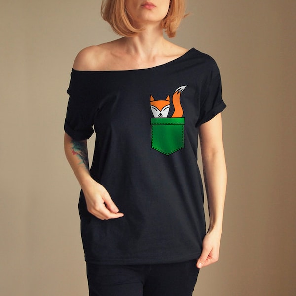 Lis Kieszonka Koszulka czarna Lis Tshirt Oversize Damska Koszulka Lisek Tshirt T-shirt Oversize Lis Slouchy OffShoulder Polska Shirt Poland